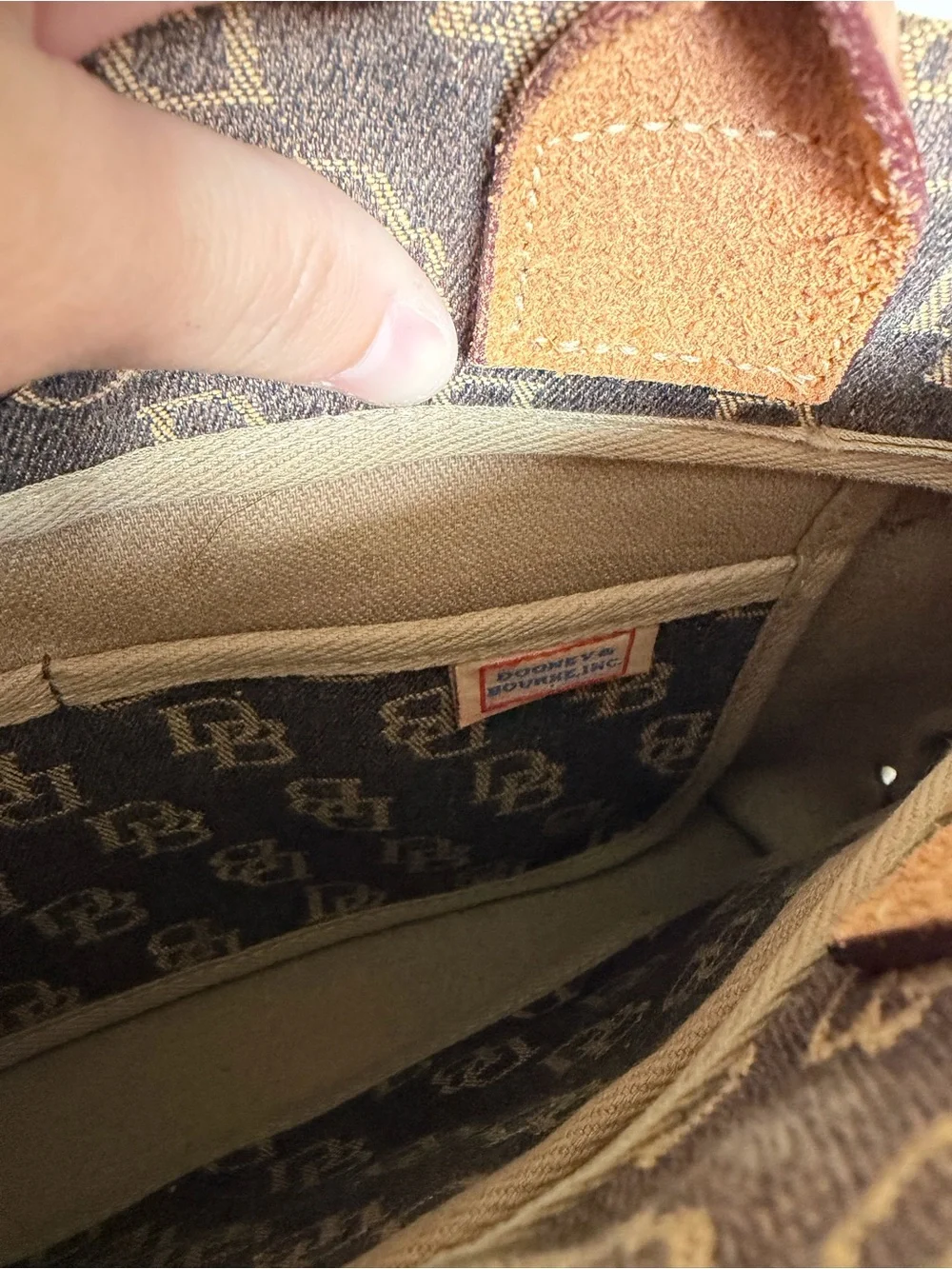 DOONEY & BOURKE Vintage Tan Brown Monogram Canvas Tassel Drawstring Handbag Y2K